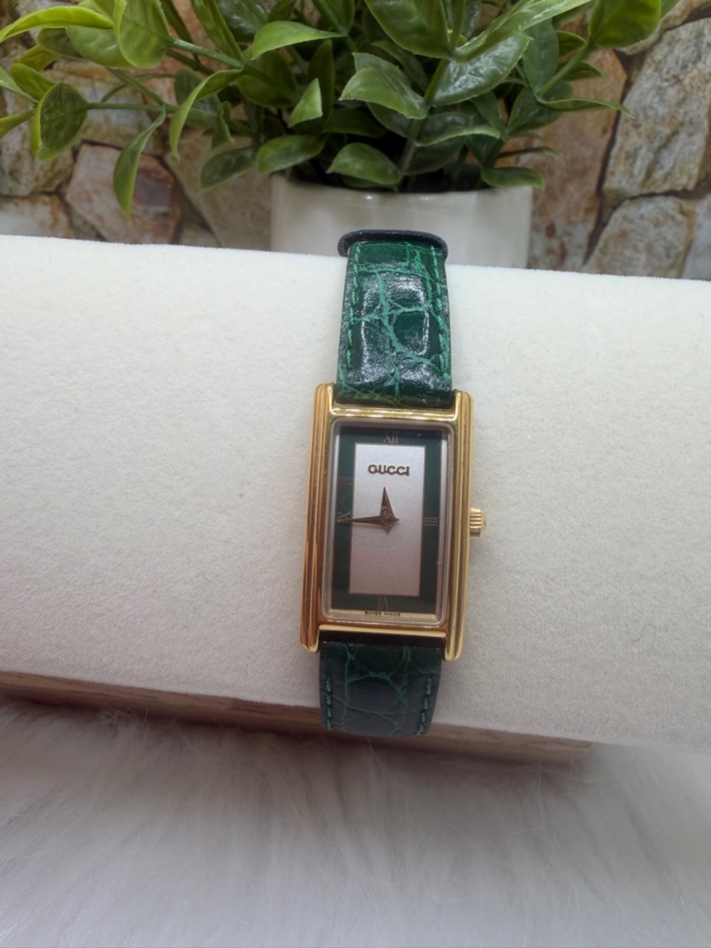 Vintage Gucci Gold-Tone Rectangular Watch with original Green Croc Strap